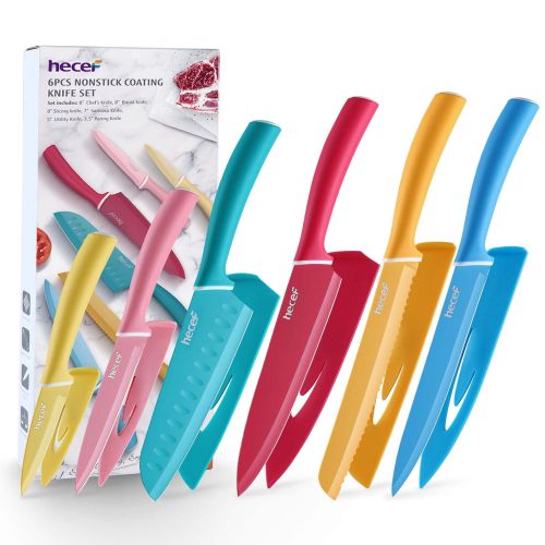 Hecef Kitchen Knife Set, 6-Piece Stainless Steel Colorful Chef Cooking Knives with Sheaths, Ergonomic Handles Hecef Kitchen Knife Set, 6-Piece Stainless Steel Colorful Chef Cooking Knives with Sheaths, Ergonomic Handles