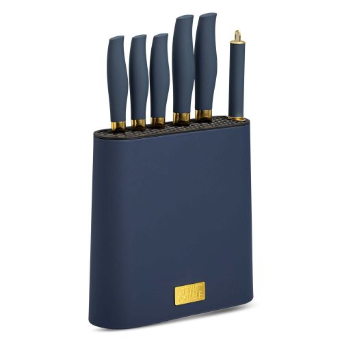 Thyme & Table 7-Piece Slim Block Knife Set with Gold Blades and Blue Block Thyme & Table 7-Piece Slim Block Knife Set with Gold Blades and Blue Block
