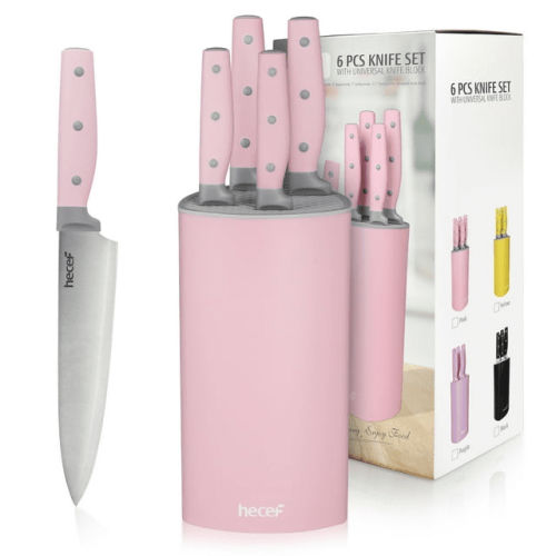 Hecef Kitchen Knife Block Set with Universal Knife Block Holder, High Carbon Stainless Steel Pink Chef Knife Set Hecef Kitchen Knife Block Set with Universal Knife Block Holder, High Carbon Stainless Steel Pink Chef Knife Set